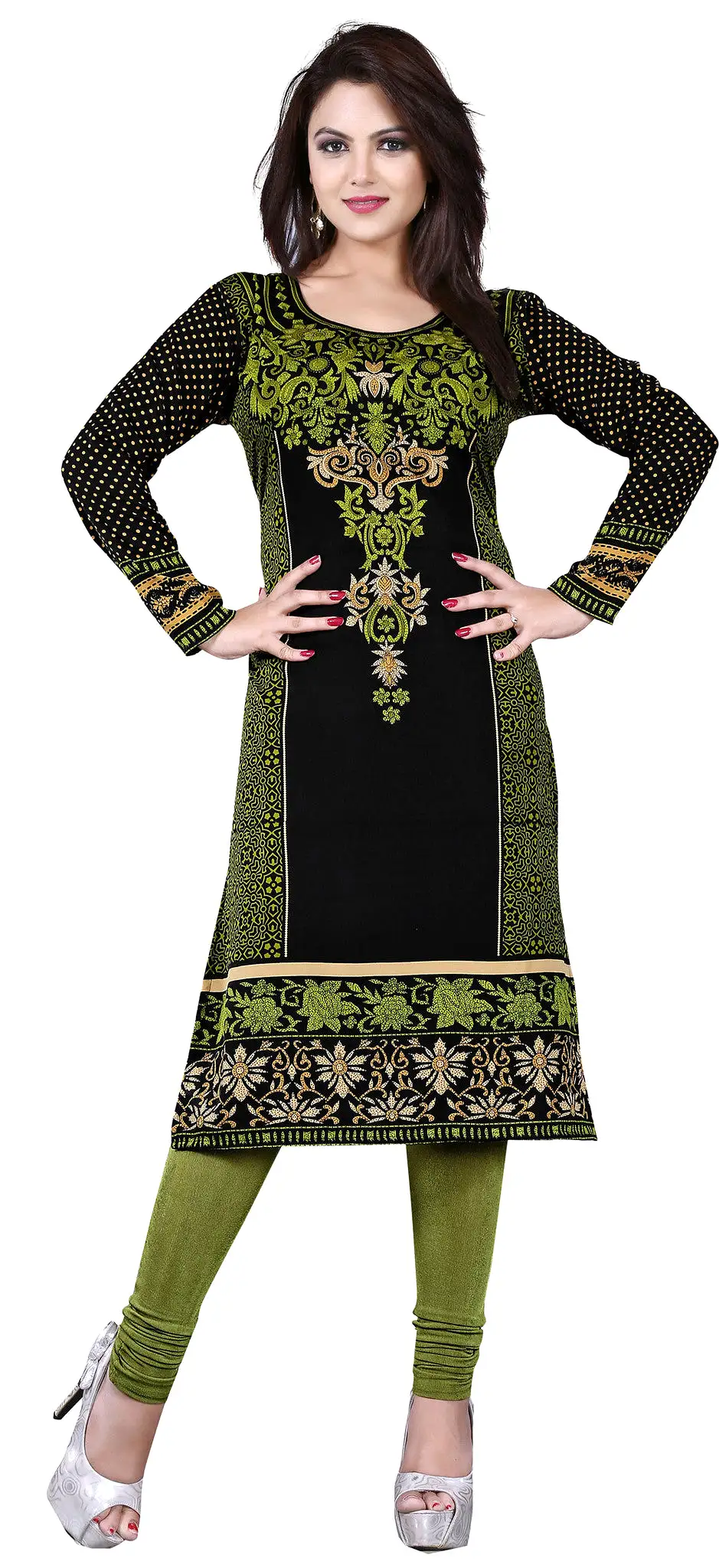 India Long Tunic Top Kurti Womens Printed Indian Apparel (Green)