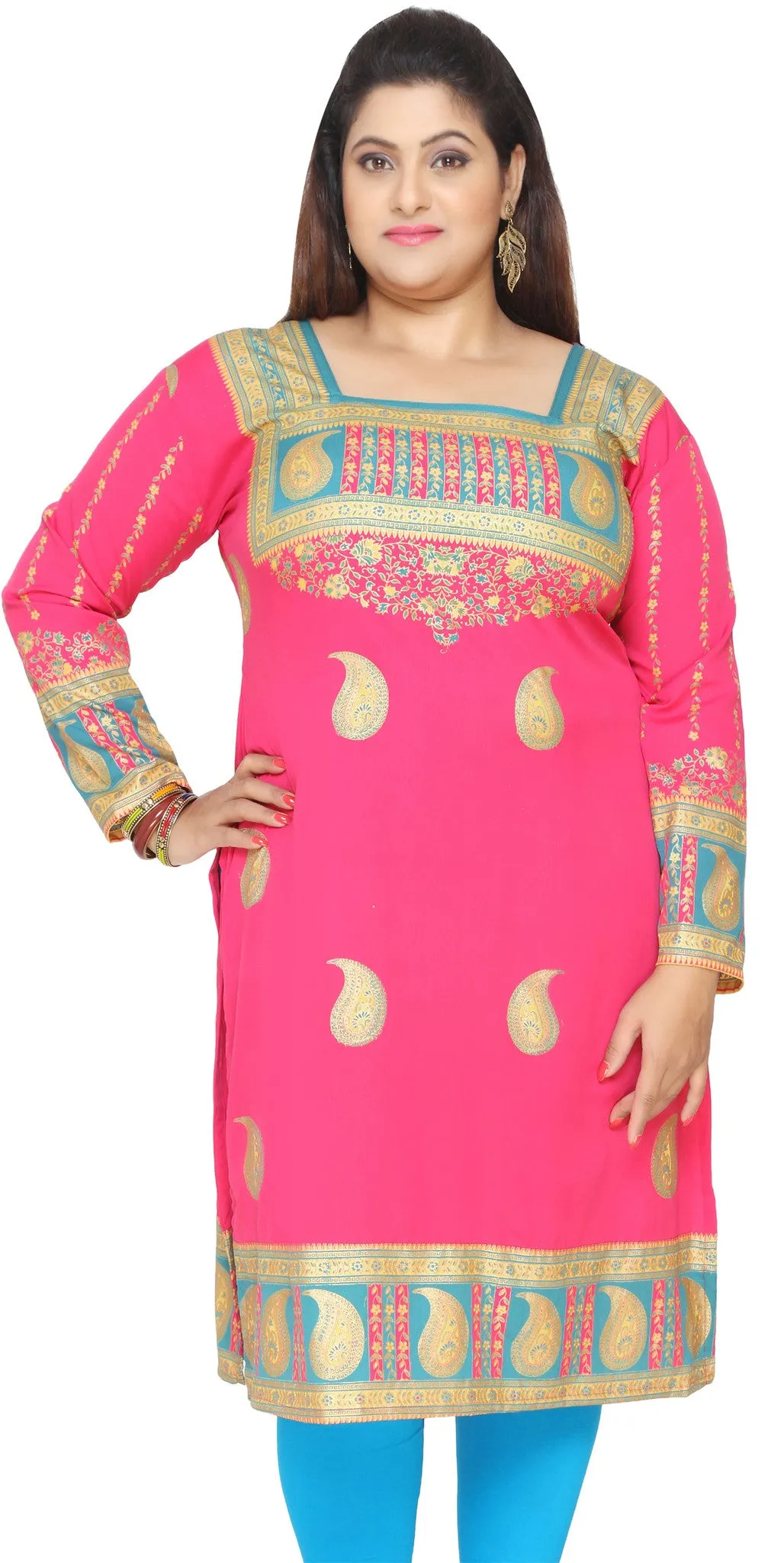 India Tunic Long Top Kurti Womens Plus Size Indian Clothes (Pink)