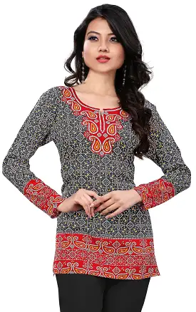 India Tunic Top Long  Kurti Womens Printed Indian Clothing (Black)