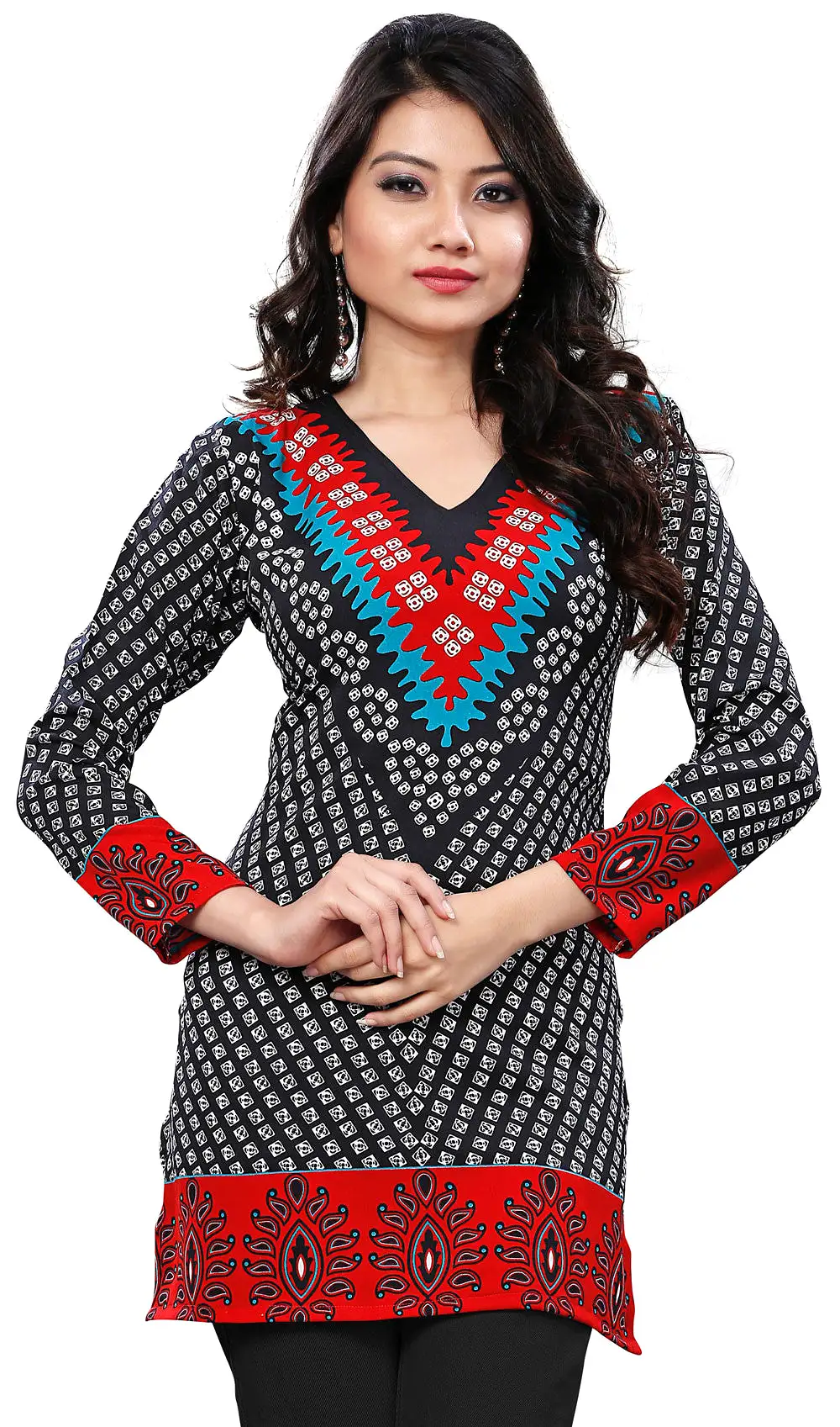 India Tunic Top Long  Kurti Womens Printed Indian Clothing (Black)