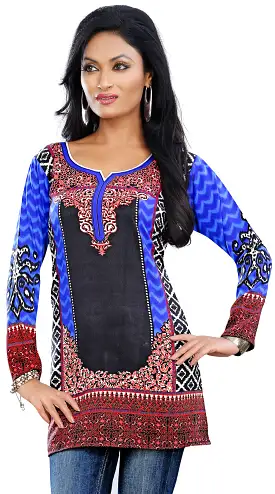 Indian Long Kurti Top Tunic Printed Womens India Clothes (Blue)