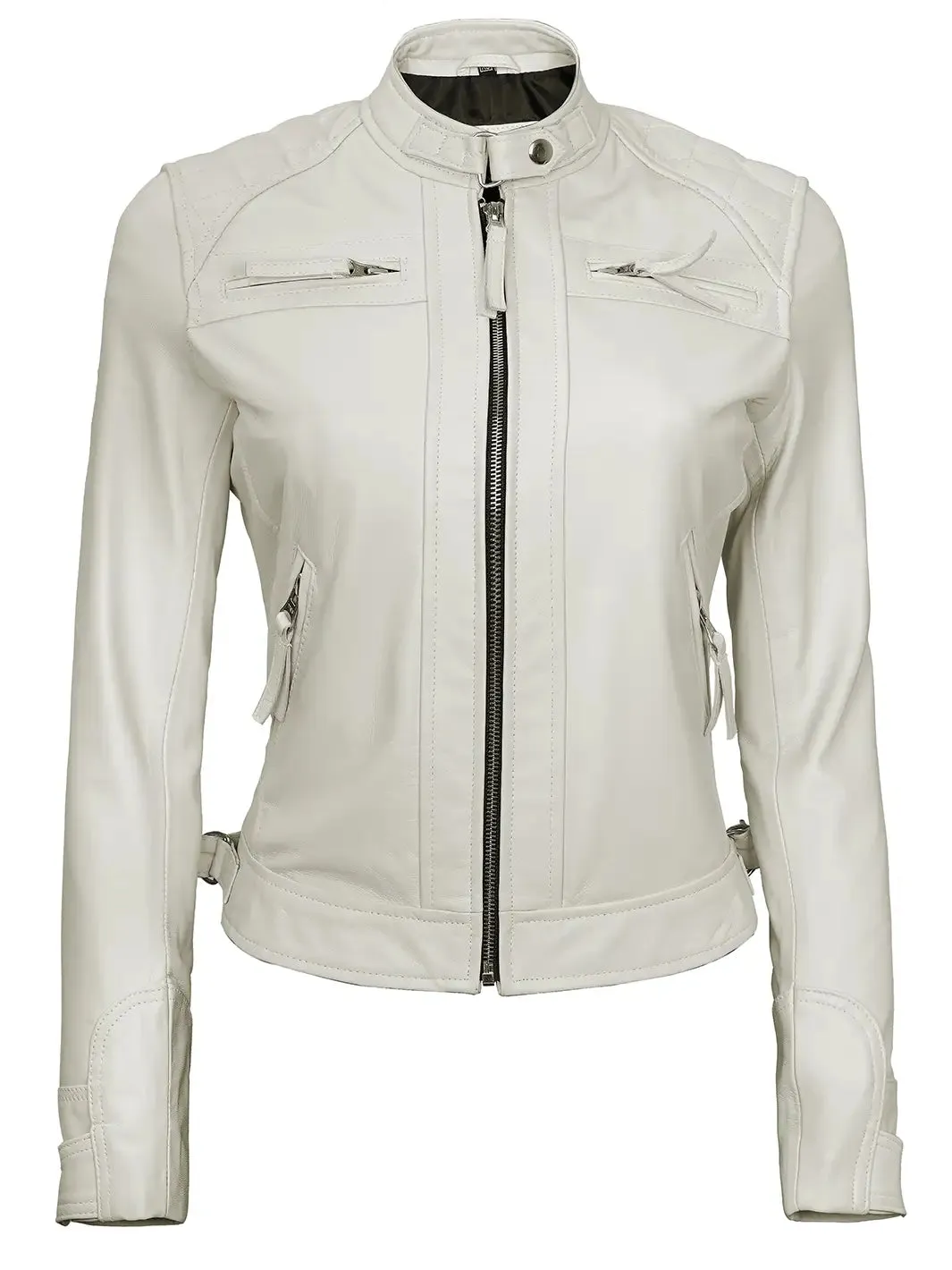 Johnson Women Quilted Off White Cafe Racer Leather Jacket