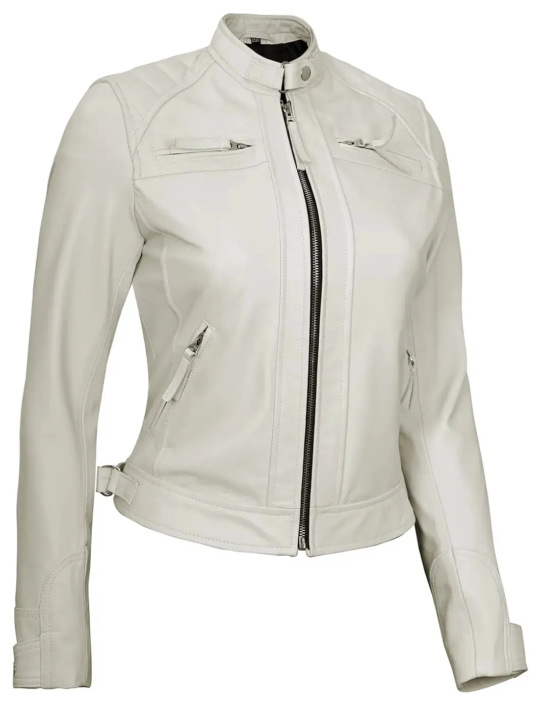 Johnson Women Quilted Off White Cafe Racer Leather Jacket