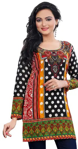 Kurti Top Long Tunic Womens Printed Cotton Blouse India Clothing (Black)