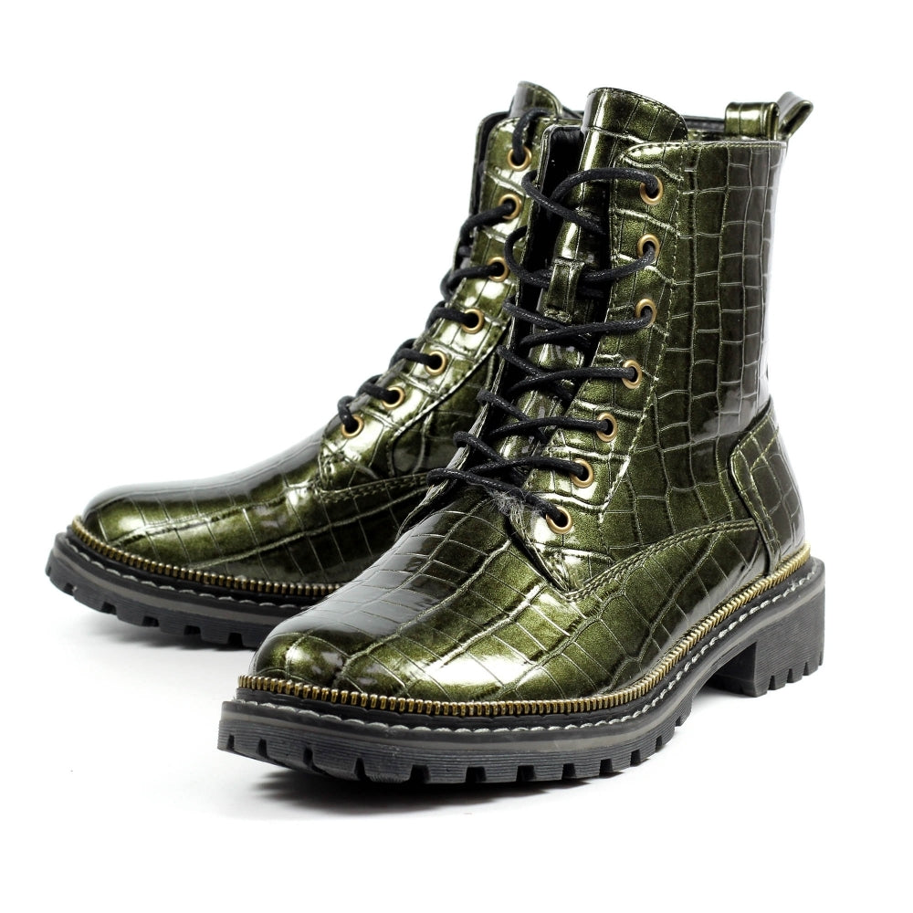 Ladies Lunar Boots Green Croc Patent Laced Military Style Regan Inside Zip sale