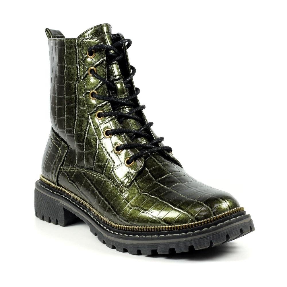 Ladies Lunar Boots Green Croc Patent Laced Military Style Regan Inside Zip sale