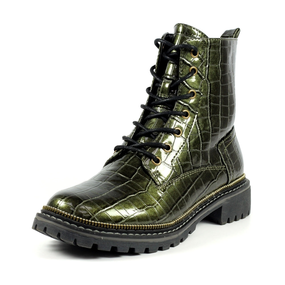 Ladies Lunar Boots Green Croc Patent Laced Military Style Regan Inside Zip sale