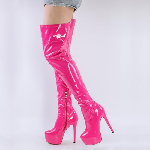 LISHAN Women's Platform High Heels Side Zipper Thigh High Boots Pull On Solid Color Faux Patent Leather Boots Dress Dancing Part