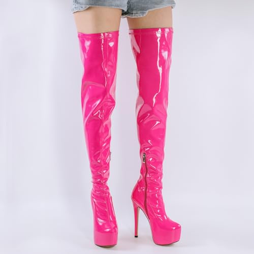 LISHAN Women's Platform High Heels Side Zipper Thigh High Boots Pull On Solid Color Faux Patent Leather Boots Dress Dancing Part