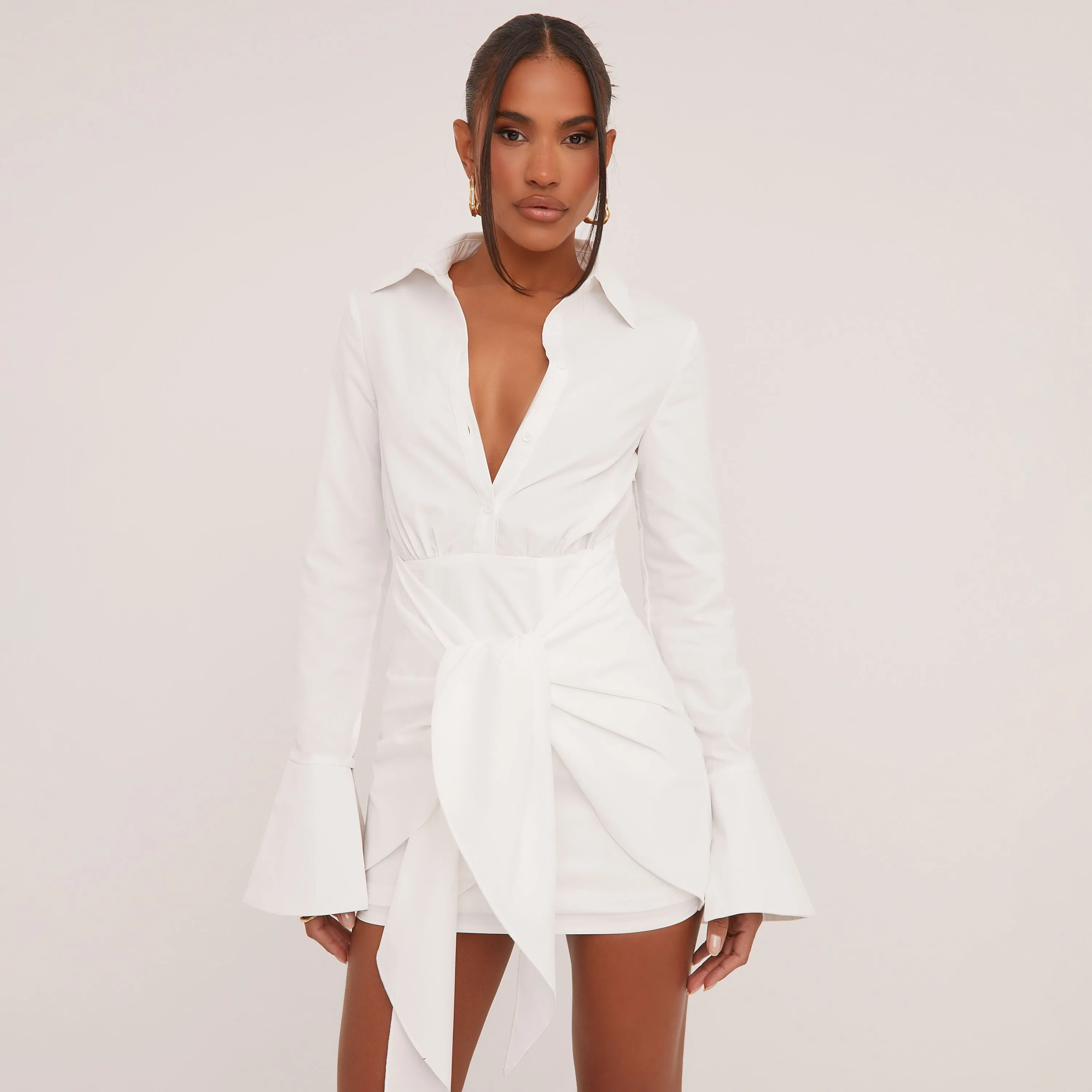 Long Sleeve Plunge Wrap Waist Mini Dress In White