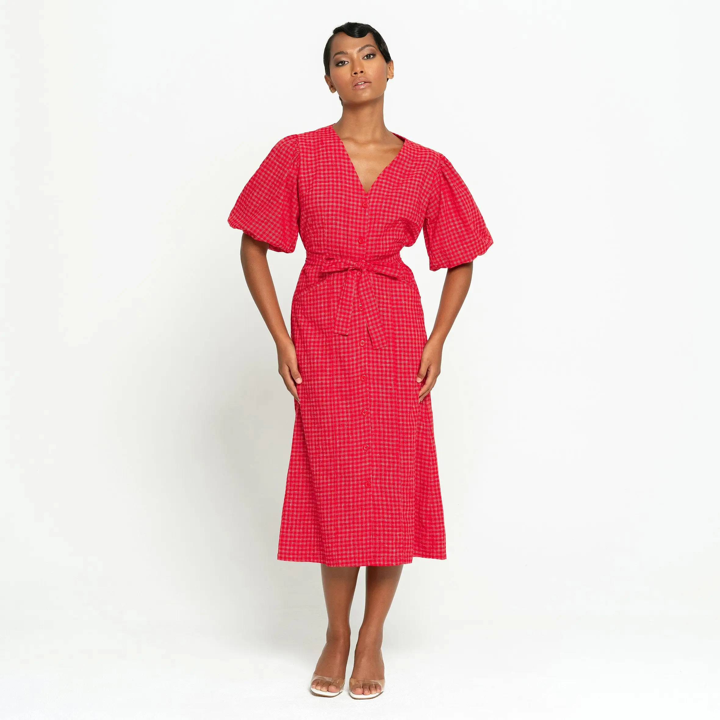 Meghan Gingham Hemp Midi Dress, in Scarlet Red