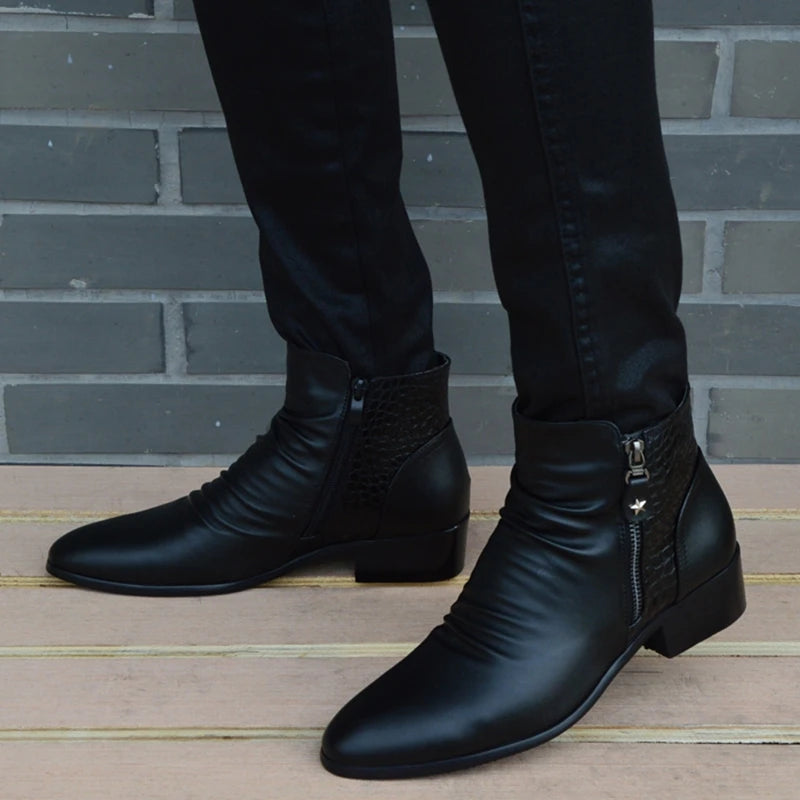 Men's Black Genuine Cow Leather Pointed Toe Zipper Ankle Boots