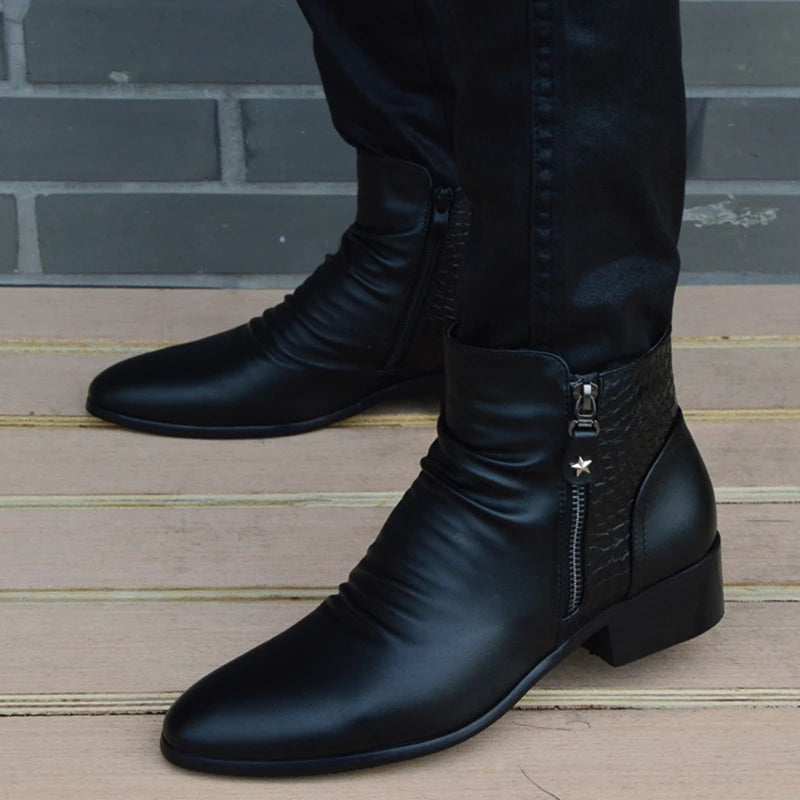 Men's Black Genuine Cow Leather Pointed Toe Zipper Ankle Boots