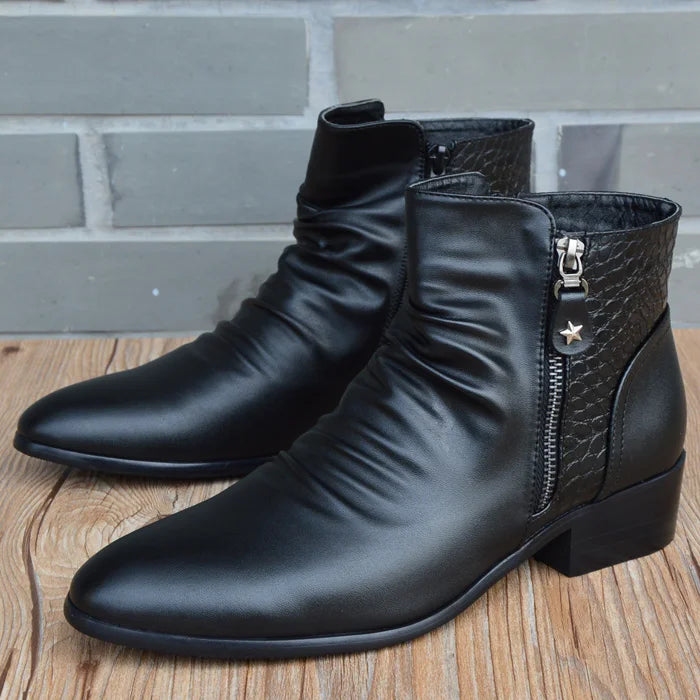 Men's Black Genuine Cow Leather Pointed Toe Zipper Ankle Boots