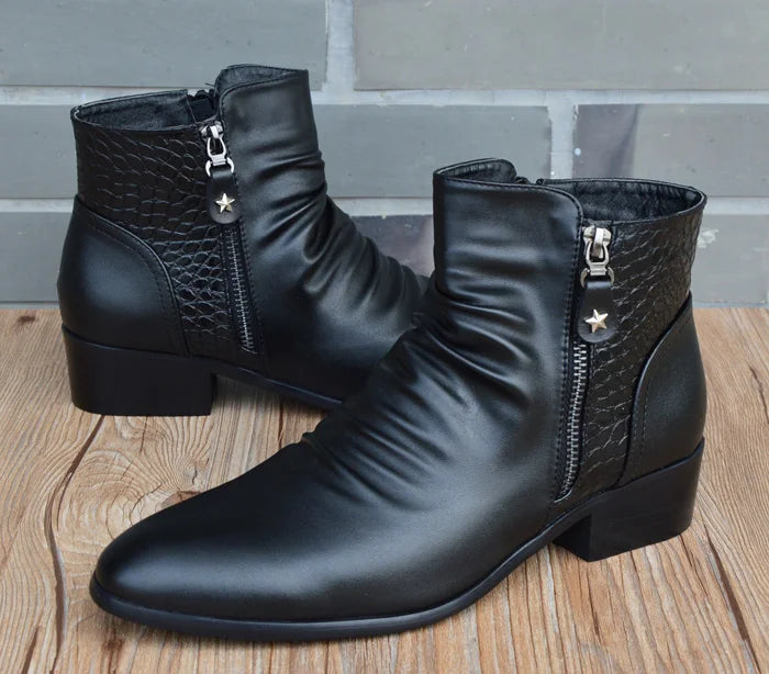 Men's Black Genuine Cow Leather Pointed Toe Zipper Ankle Boots