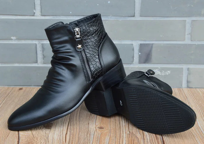 Men's Black Genuine Cow Leather Pointed Toe Zipper Ankle Boots