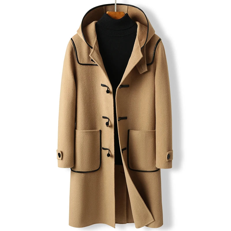 Men's Casual Double-sided Wool Cowl Button Hooded Trench Coat