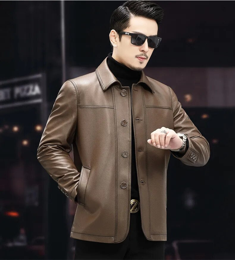 Men’s Casual Real Cowhide Single-Breasted Lapel Motorcycle Street Jacket