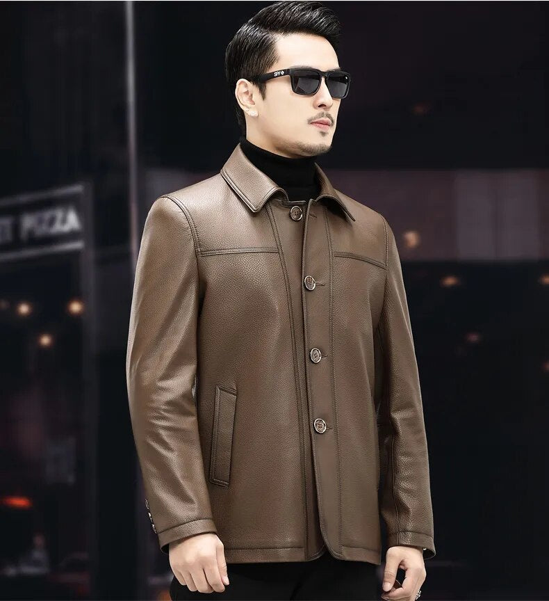 Men’s Casual Real Cowhide Single-Breasted Lapel Motorcycle Street Jacket