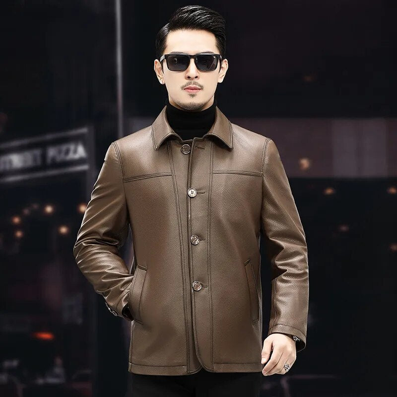 Men’s Casual Real Cowhide Single-Breasted Lapel Motorcycle Street Jacket