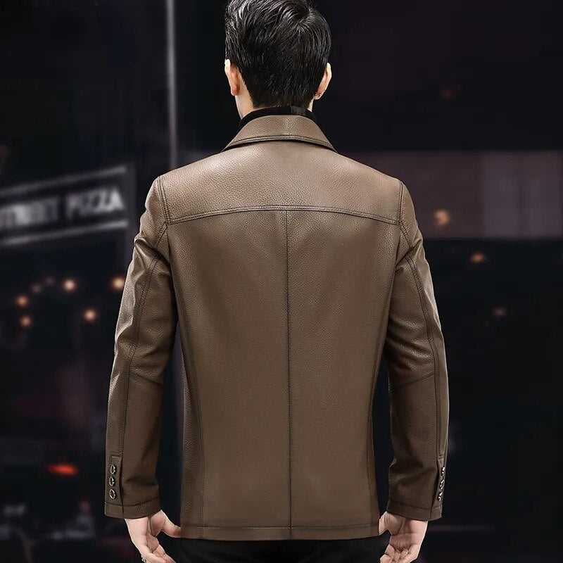 Men’s Casual Real Cowhide Single-Breasted Lapel Motorcycle Street Jacket