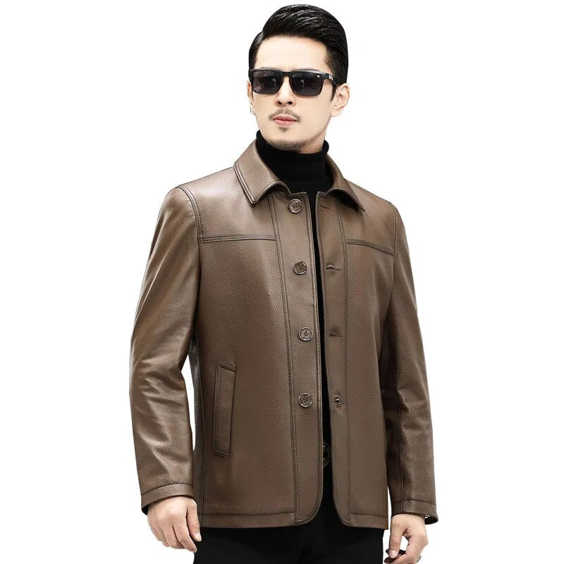 Men’s Casual Real Cowhide Single-Breasted Lapel Motorcycle Street Jacket