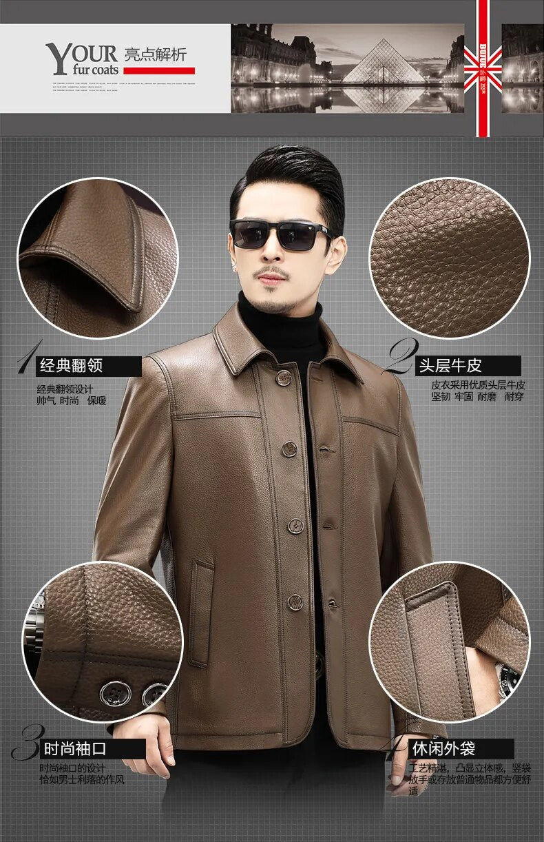 Men’s Casual Real Cowhide Single-Breasted Lapel Motorcycle Street Jacket