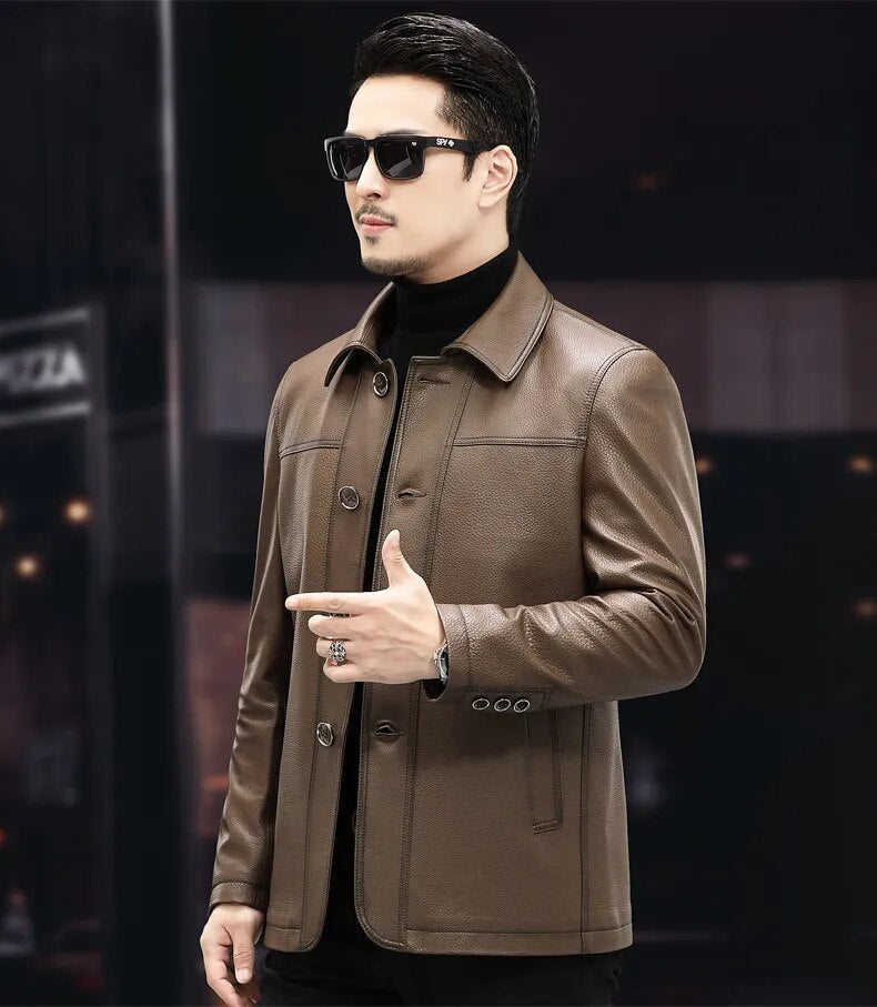 Men’s Casual Real Cowhide Single-Breasted Lapel Motorcycle Street Jacket