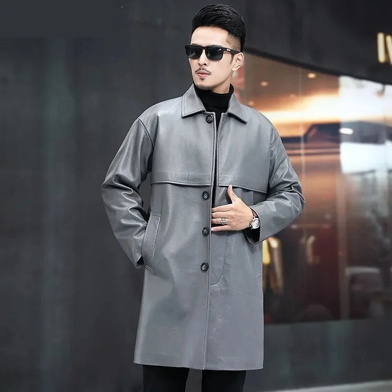 Men's Luxury Casual Cowhide Leather Medium Long Windbreaker Jacket