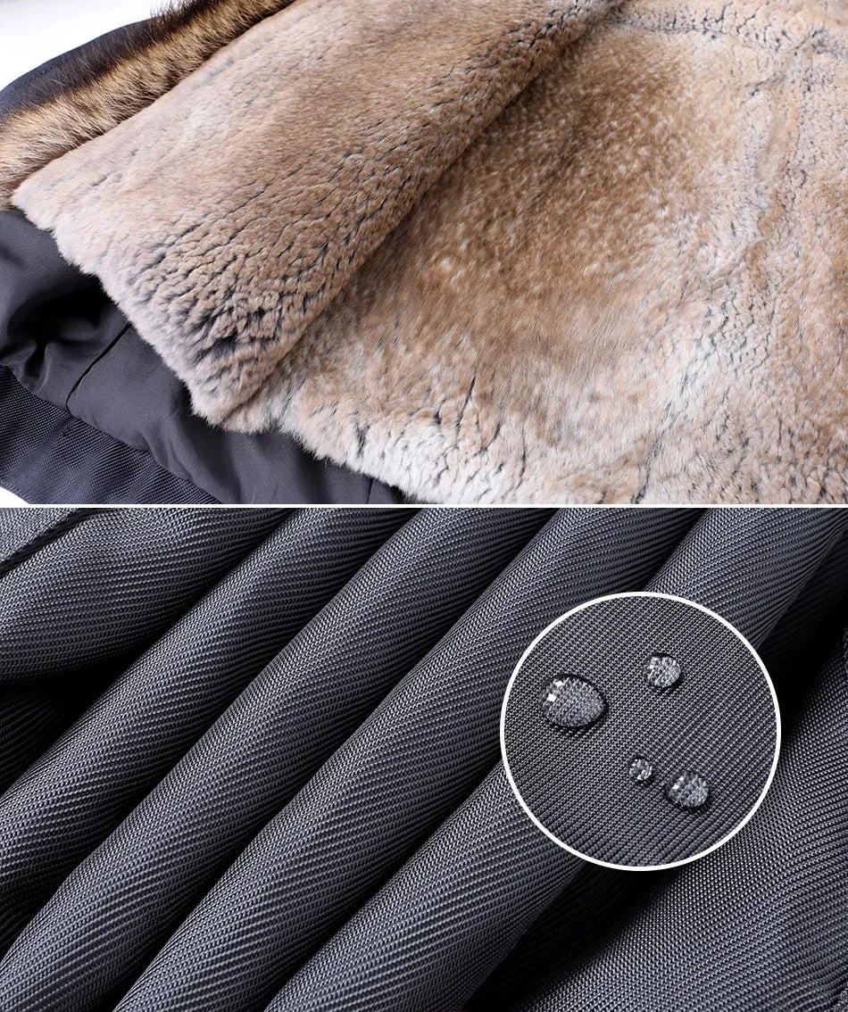 Men's Rabbit Fur Lined Solid Pattern Real Raccoon Winter Coat