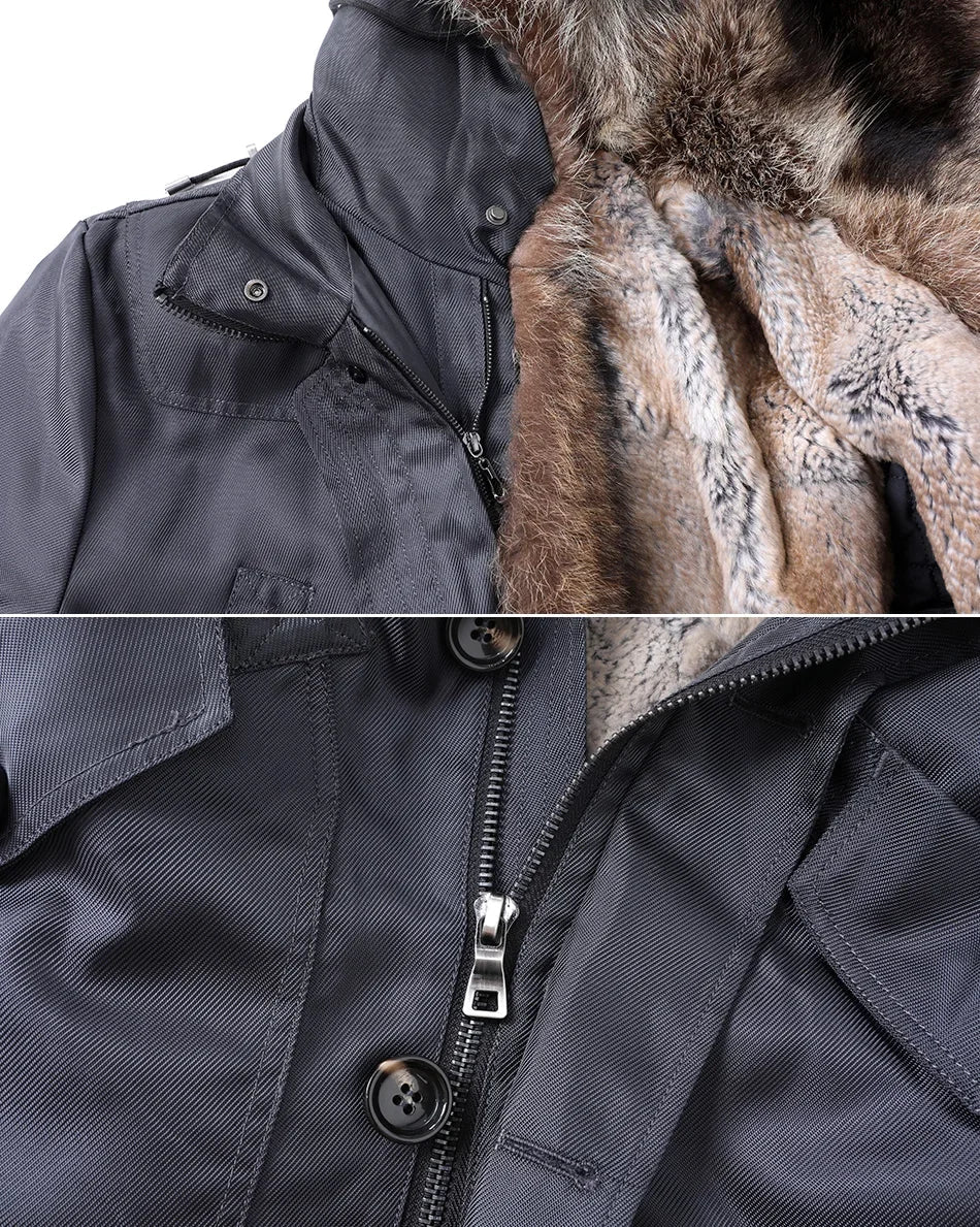 Men's Rabbit Fur Lined Solid Pattern Real Raccoon Winter Coat