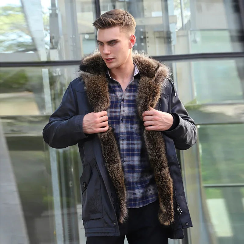 Men's Rabbit Fur Lined Solid Pattern Real Raccoon Winter Coat