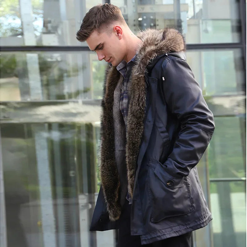 Men's Rabbit Fur Lined Solid Pattern Real Raccoon Winter Coat