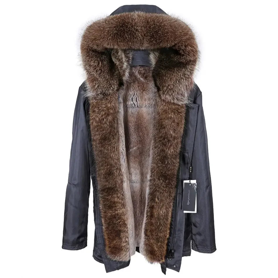 Men's Rabbit Fur Lined Solid Pattern Real Raccoon Winter Coat