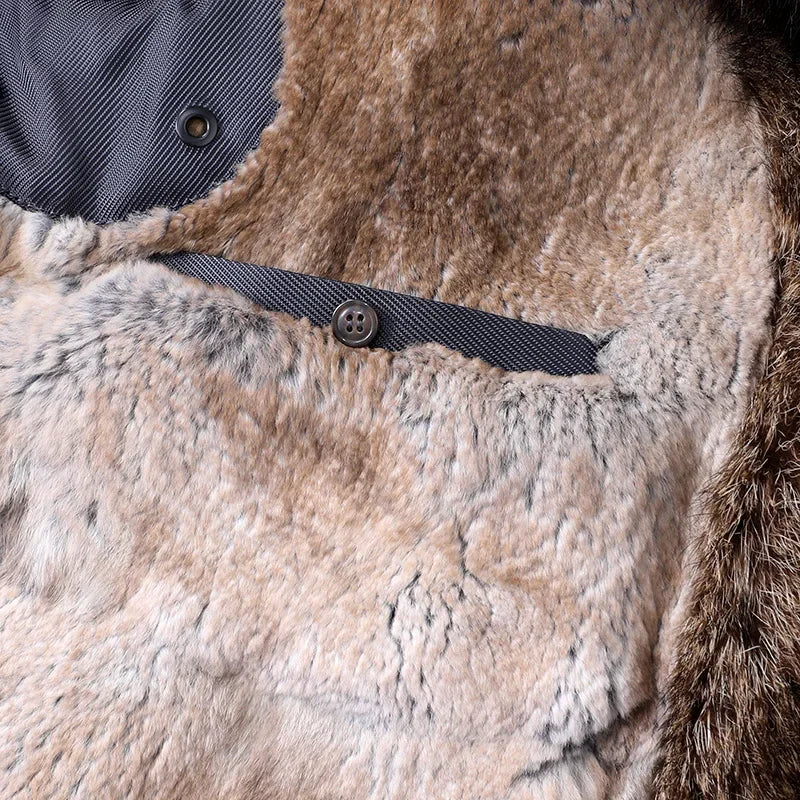 Men's Rabbit Fur Lined Solid Pattern Real Raccoon Winter Coat