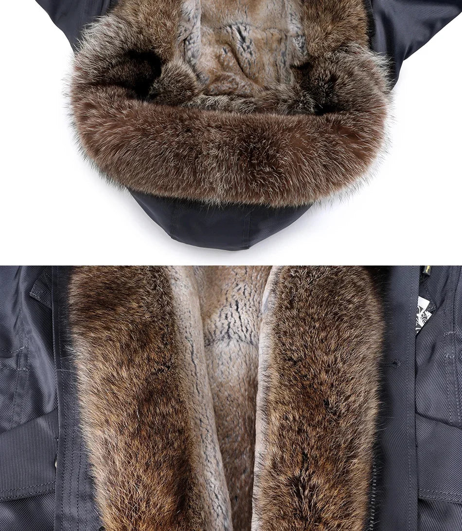 Men's Rabbit Fur Lined Solid Pattern Real Raccoon Winter Coat