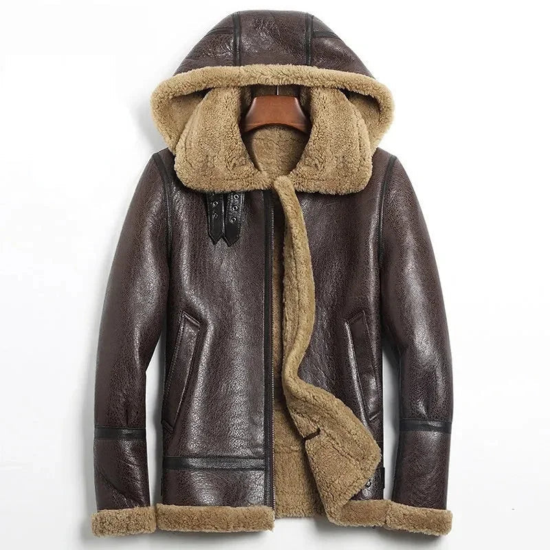 Men's Real Lamb Leather Thick Hooded Natural Fur Winter Outwear Jacket