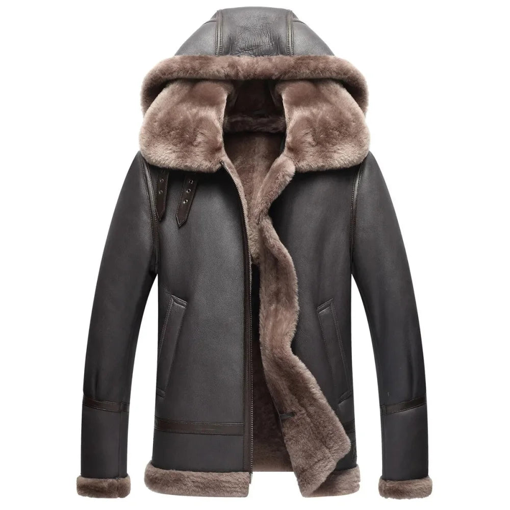 Men's Real Lamb Leather Thick Hooded Natural Fur Winter Outwear Jacket