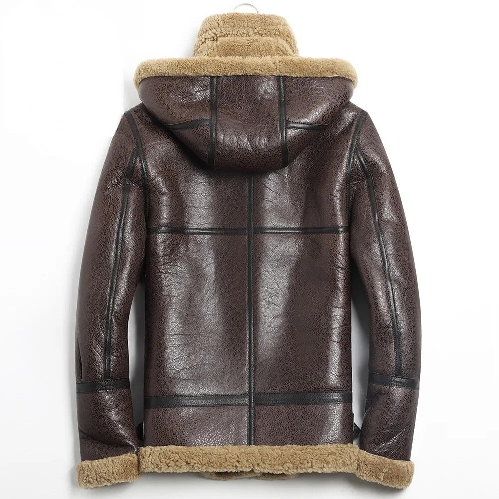 Men's Real Lamb Leather Thick Hooded Natural Fur Winter Outwear Jacket