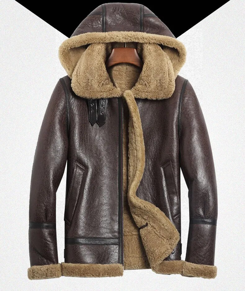 Men's Real Lamb Leather Thick Hooded Natural Fur Winter Outwear Jacket