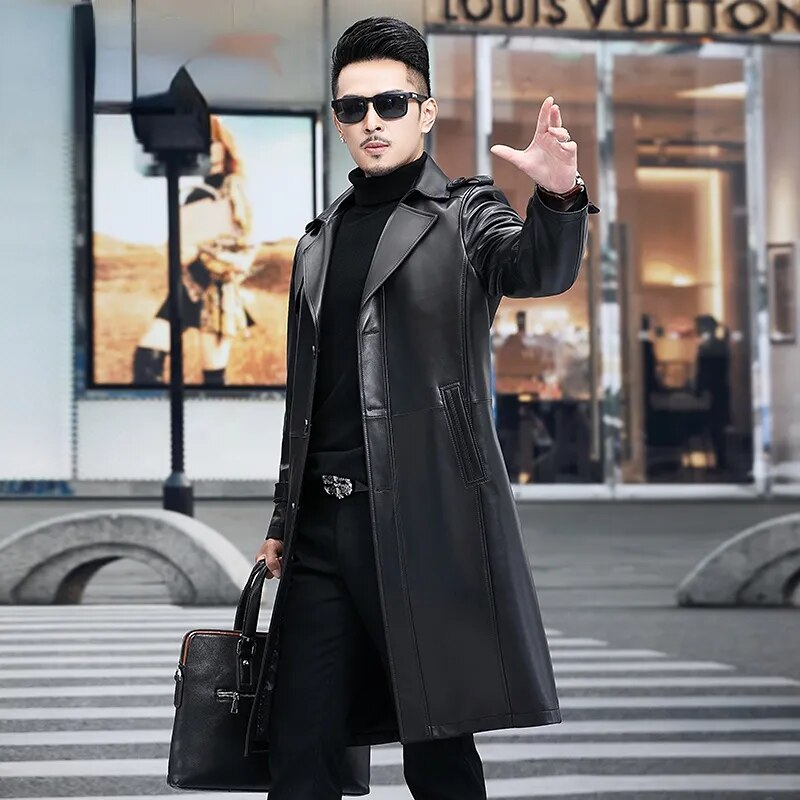 Men's Solid Genuine Leather Business Casual Long Trench Coat