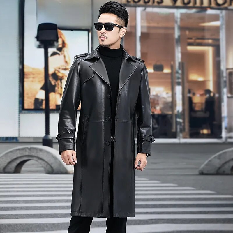 Men's Solid Genuine Leather Business Casual Long Trench Coat