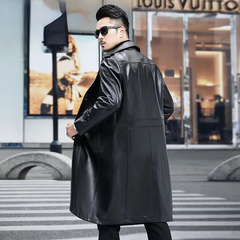 Men's Solid Genuine Leather Business Casual Long Trench Coat