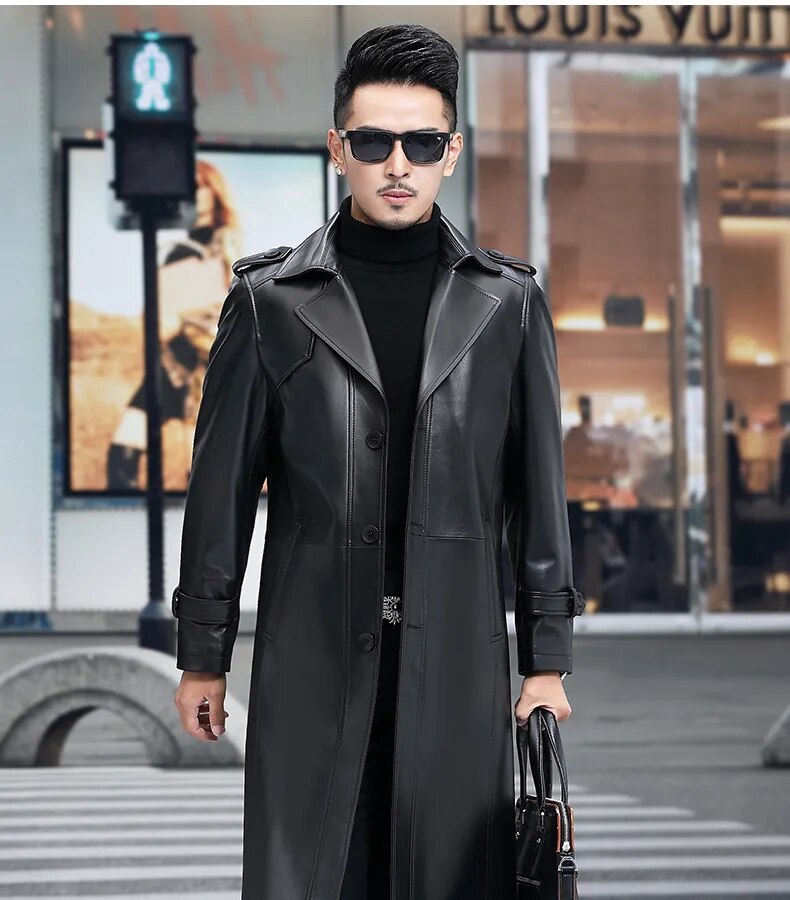 Men's Solid Genuine Leather Business Casual Long Trench Coat