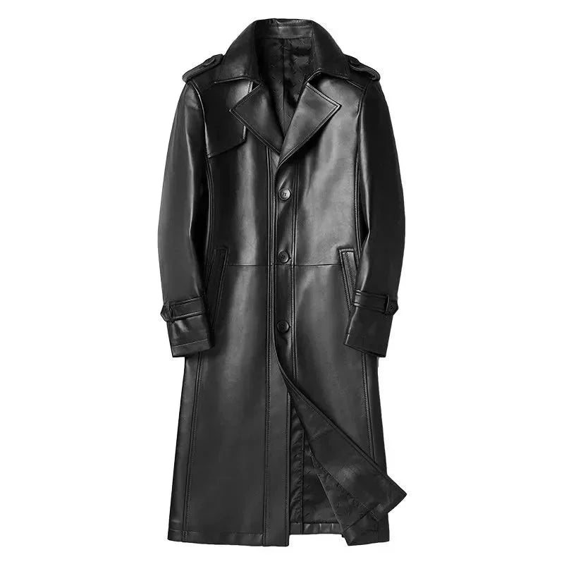 Men's Solid Genuine Leather Business Casual Long Trench Coat