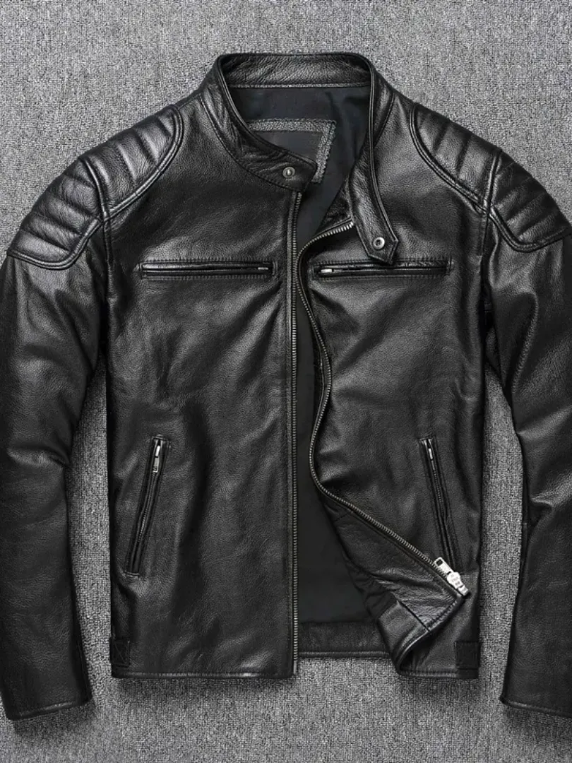 Mens Vintage Real Cowhide Genuine Leather Jacket Men Motorcycle Coat Mens