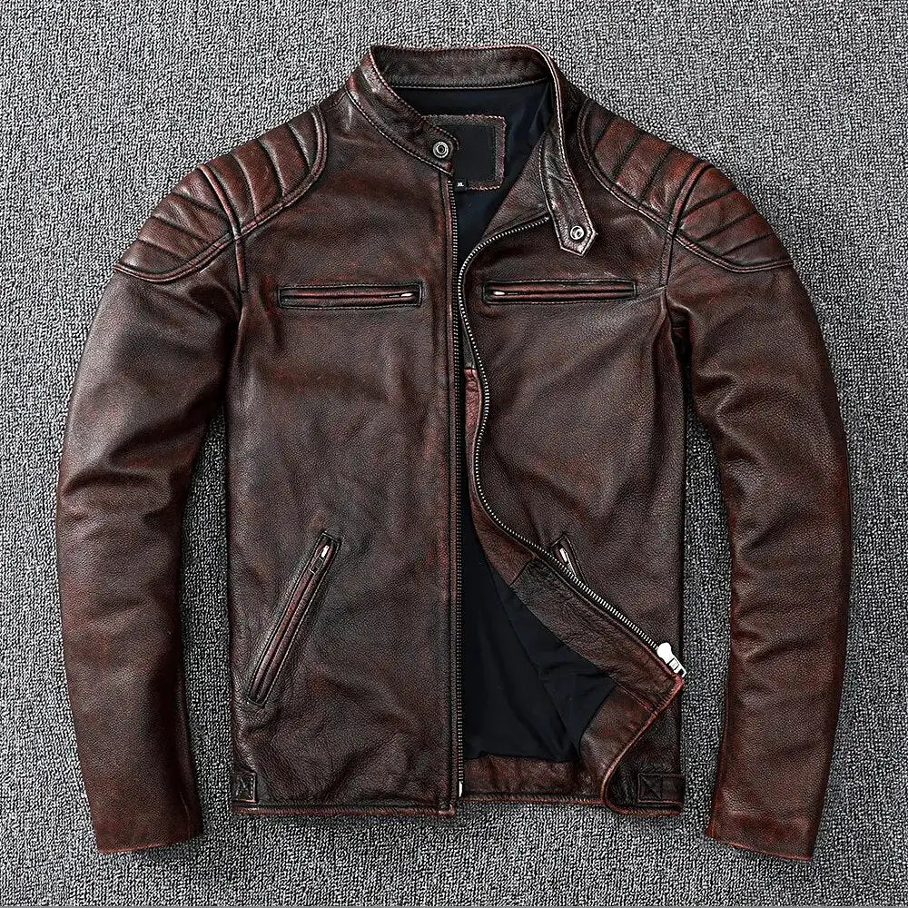 Mens Vintage Real Cowhide Genuine Leather Jacket Men Motorcycle Coat Mens