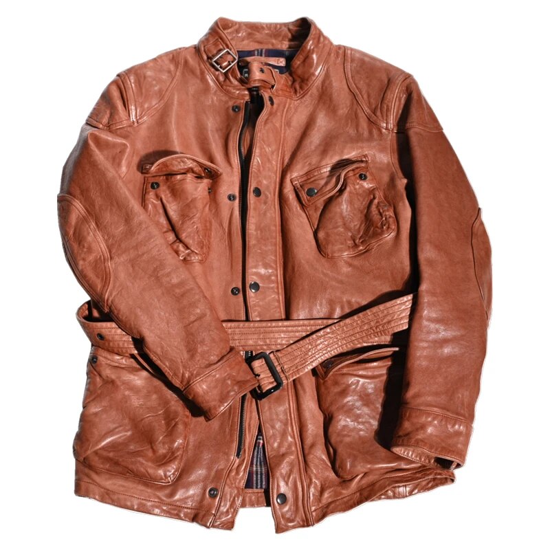 Men's Vintage Slim Fit Vegetable Tanned Sheepskin Leather Street Jacket