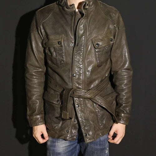 Men's Vintage Slim Fit Vegetable Tanned Sheepskin Leather Street Jacket