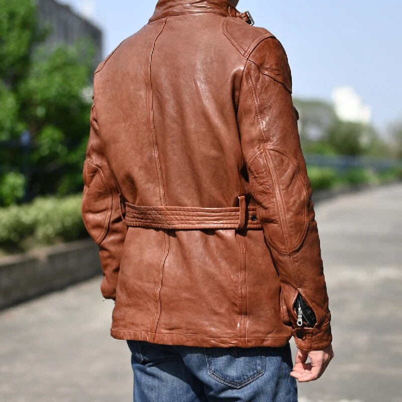 Men's Vintage Slim Fit Vegetable Tanned Sheepskin Leather Street Jacket